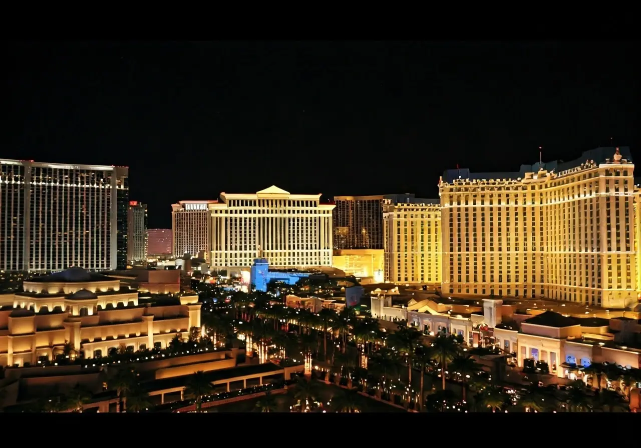 A brightly lit Las Vegas skyline at night with casinos. 35mm stock photo