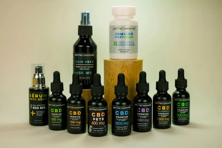 Various CBD products including serums and capsules on a white background, ideal for wellness and health.