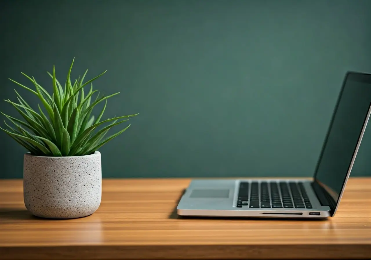 A serene workspace with a laptop and green plant. 35mm stock photo