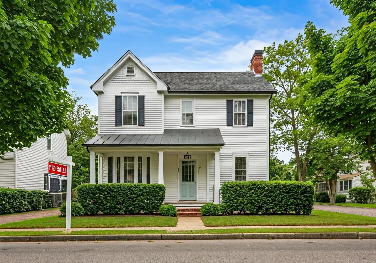 A charming Virginia house with a For Sale sign. 35mm stock photo