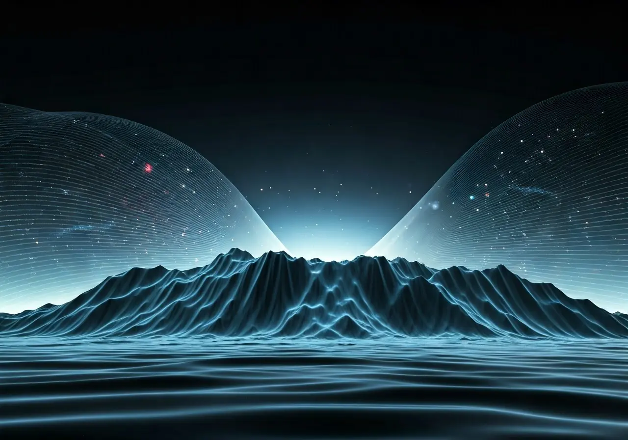 A serene landscape with glowing energy lines and particles. 35mm stock photo