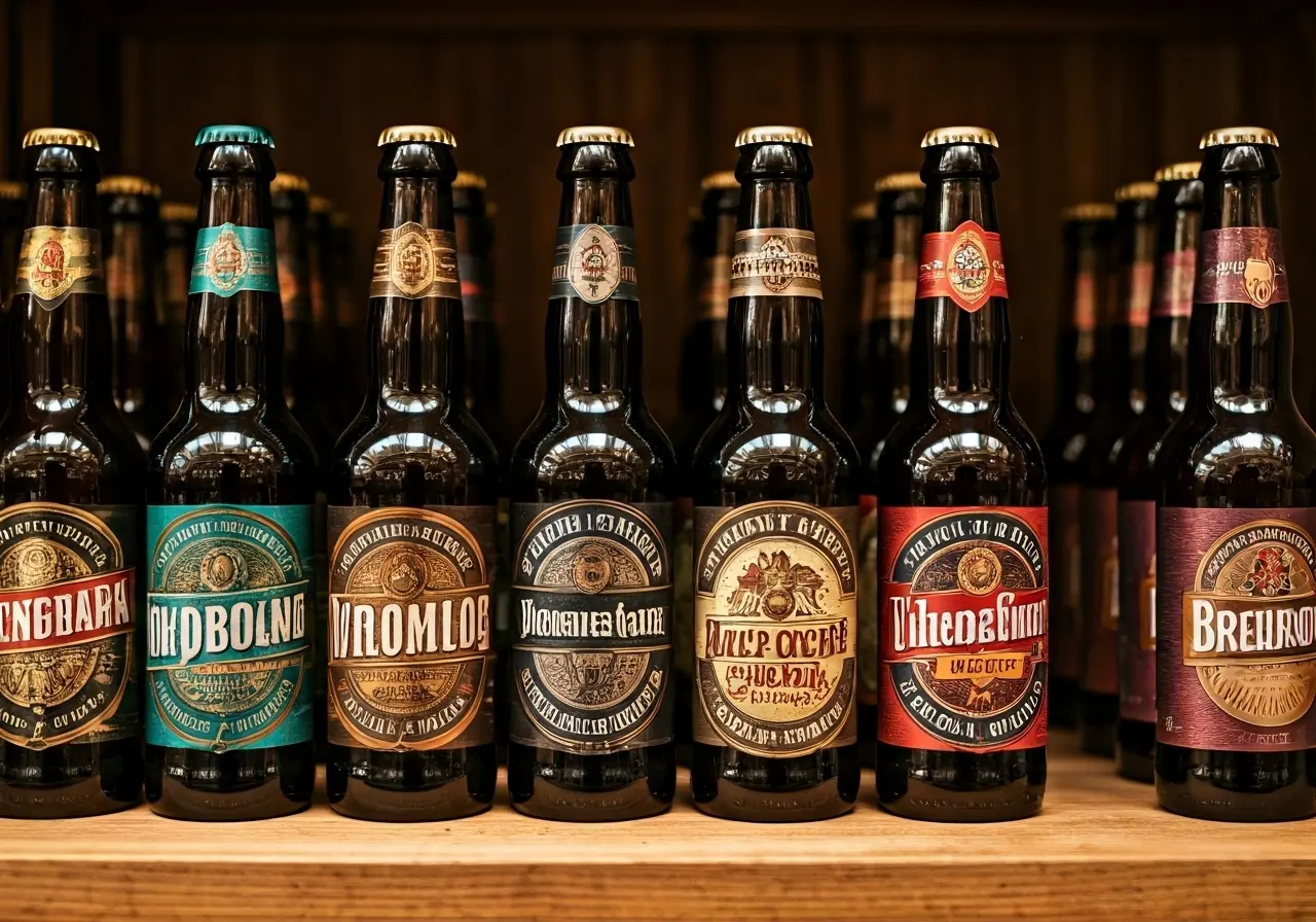 Rows of colorful beer bottles with unique labels on display. 35mm stock photo