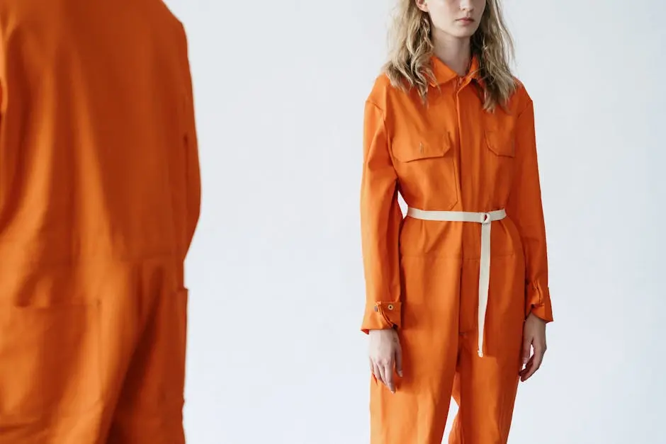 Young woman wearing an orange jumpsuit with a white belt, fashion portrait.