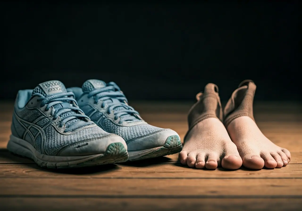 Pair of modern running shoes beside casual barefoot shoes. 35mm stock photo
