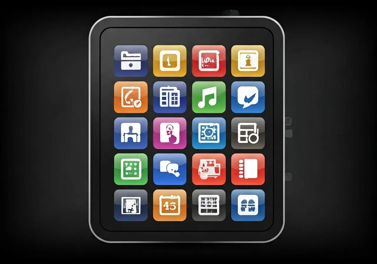 A collection of colorful app icons on a digital screen. 35mm stock photo