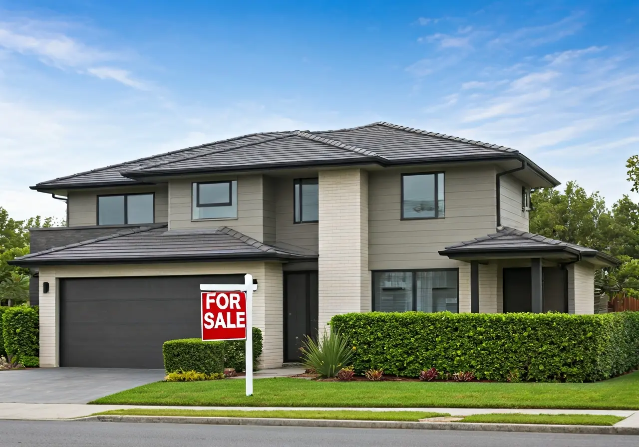 A modern house with a For Sale sign outside. 35mm stock photo