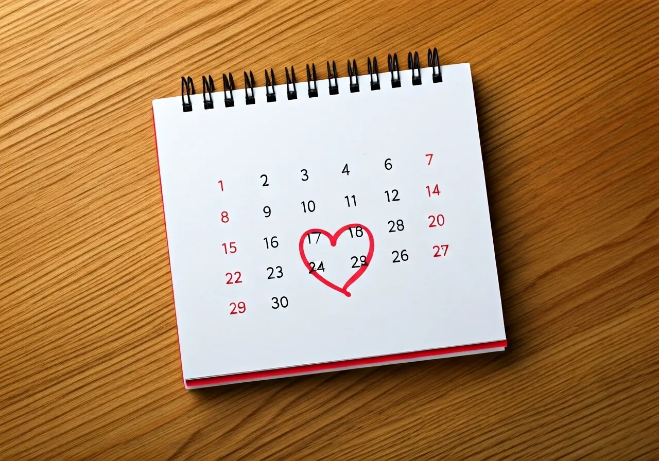 A calendar marked with a heart on a specific day. 35mm stock photo