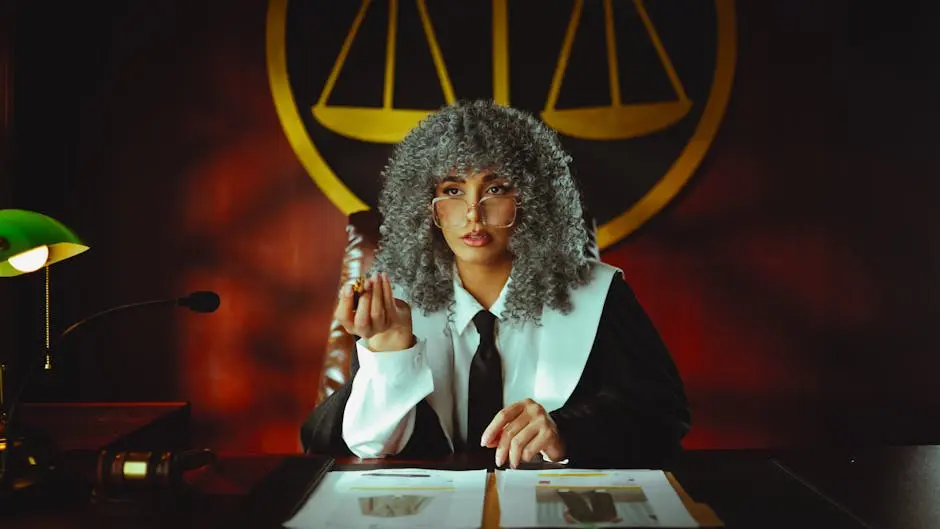 Portrait of a judge in a courtroom with the scales of justice emblem in the background.