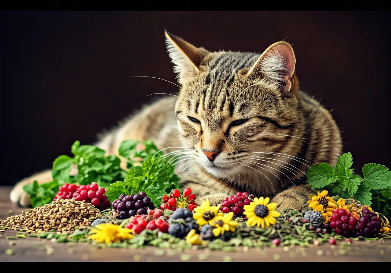 A peaceful cat lounging on a pile of colorful herbs. 35mm stock photo