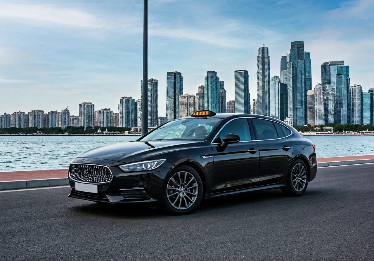 A sleek black taxi with a luxury city skyline backdrop. 35mm stock photo