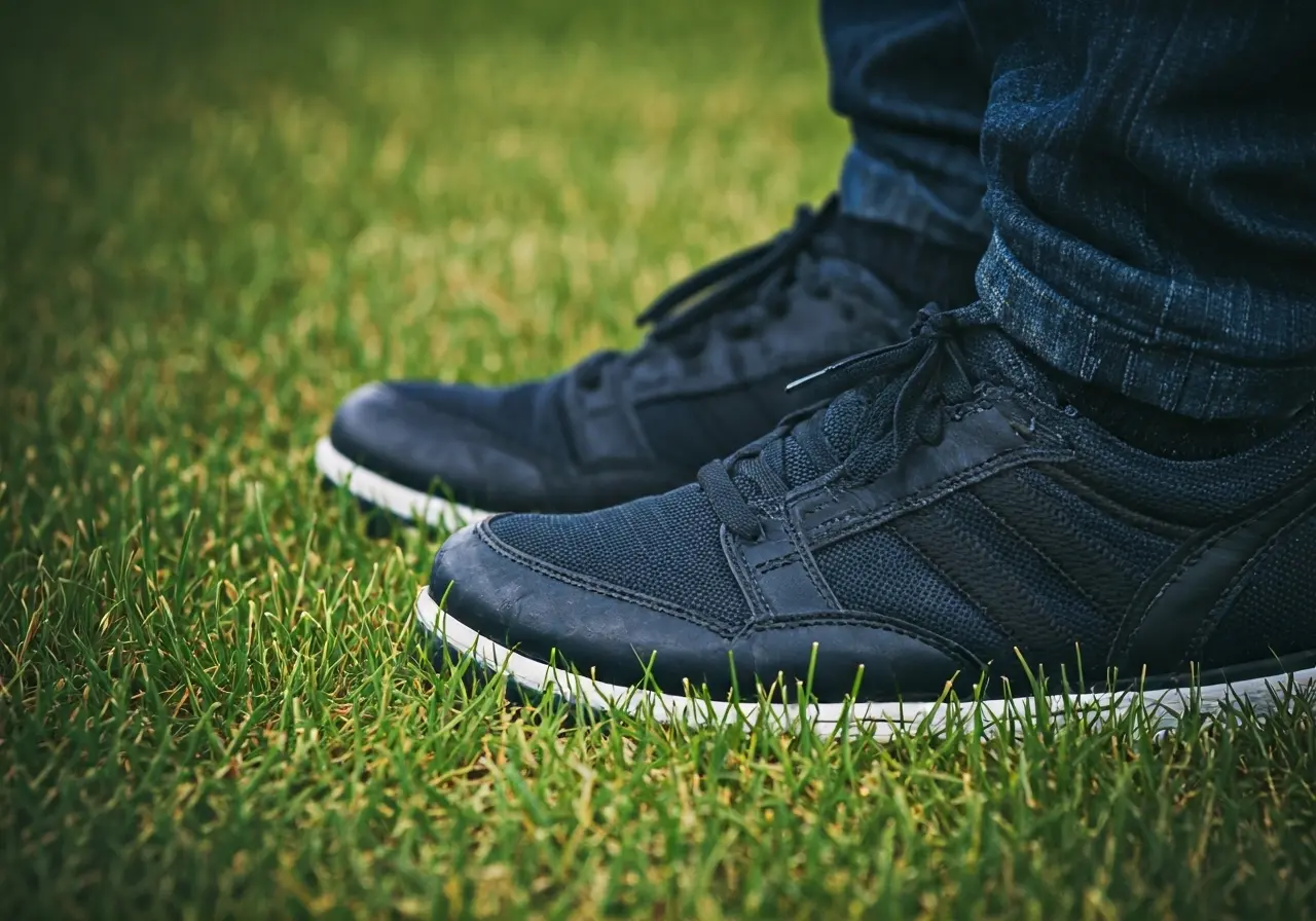 Close-up of stylish, comfortable plantar fasciitis shoes on grass. 35mm stock photo