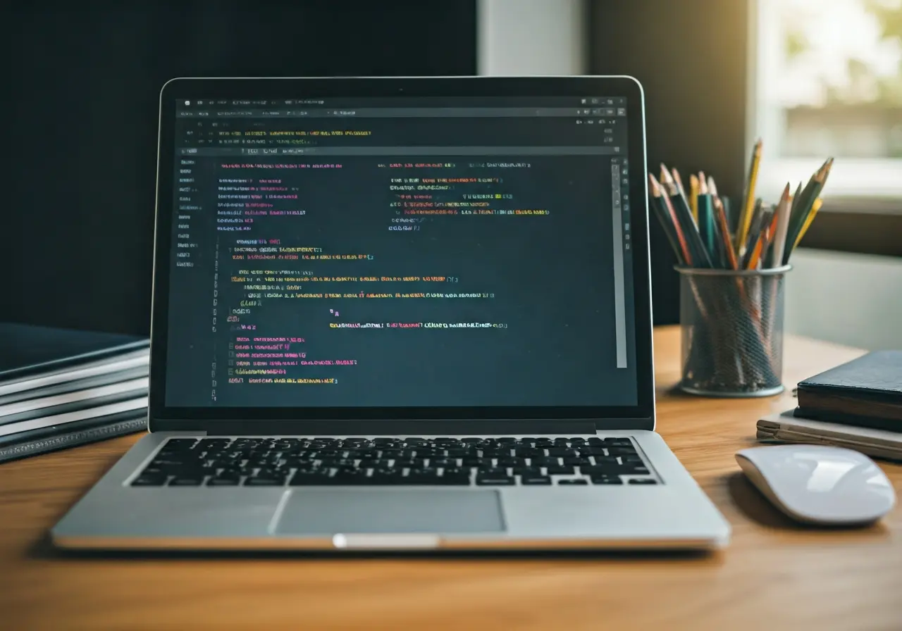 A laptop displaying app code on a cluttered workspace. 35mm stock photo