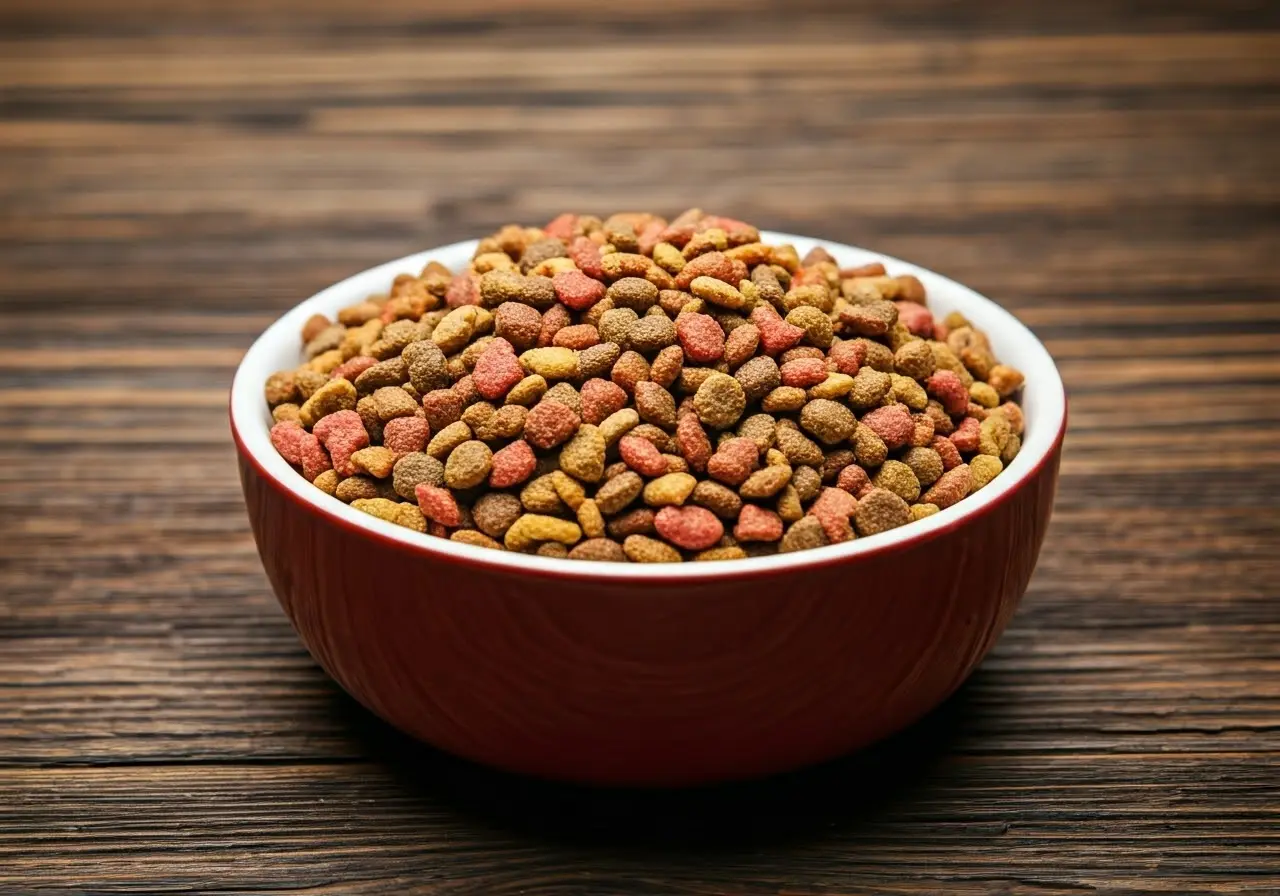 A bowl overflowing with assorted cat food varieties. 35mm stock photo