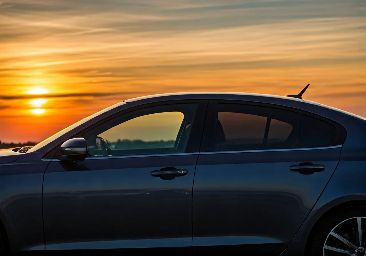 A car at sunset with tinted windows reflecting the sky. 35mm stock photo
