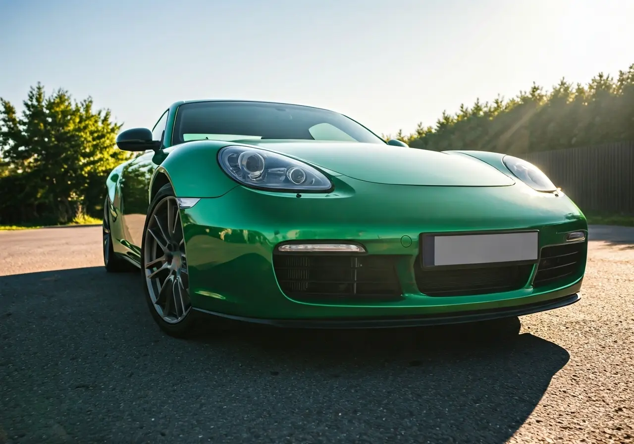 A shiny car with reflective Ceramic Pro coating in sunlight. 35mm stock photo