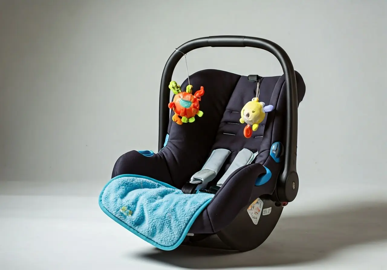 A car seat with colorful baby toys attached and blanket. 35mm stock photo