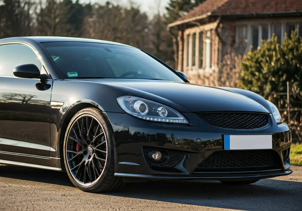 A sleek car reflecting sunlight with a glossy ceramic coat. 35mm stock photo