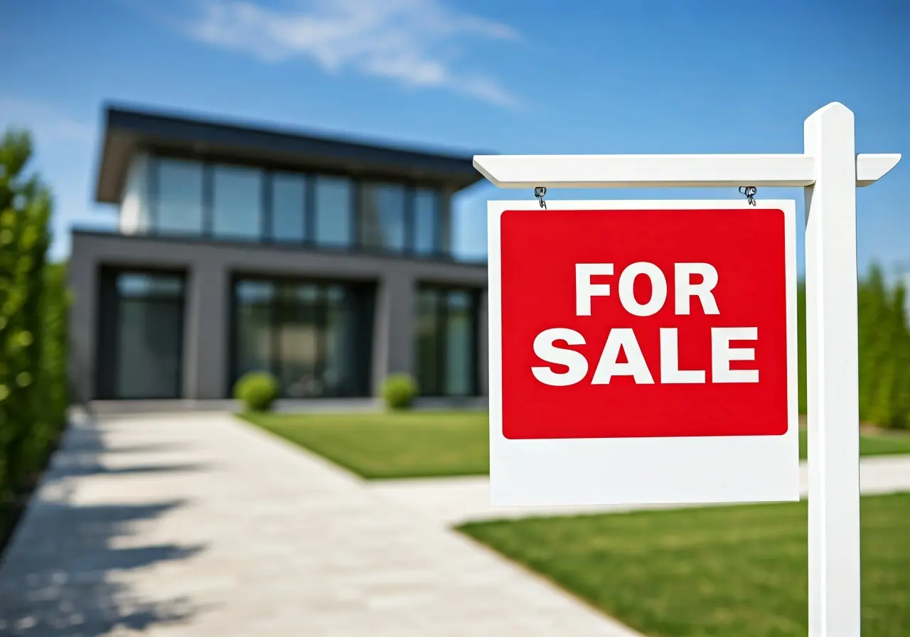 A For Sale sign in front of a modern house. 35mm stock photo