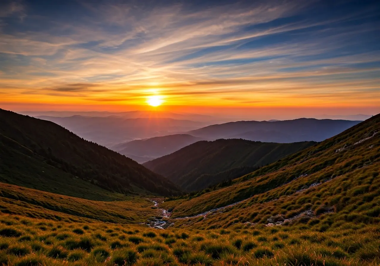 A sunrise over a mountain symbolizes new beginnings and growth. 35mm stock photo