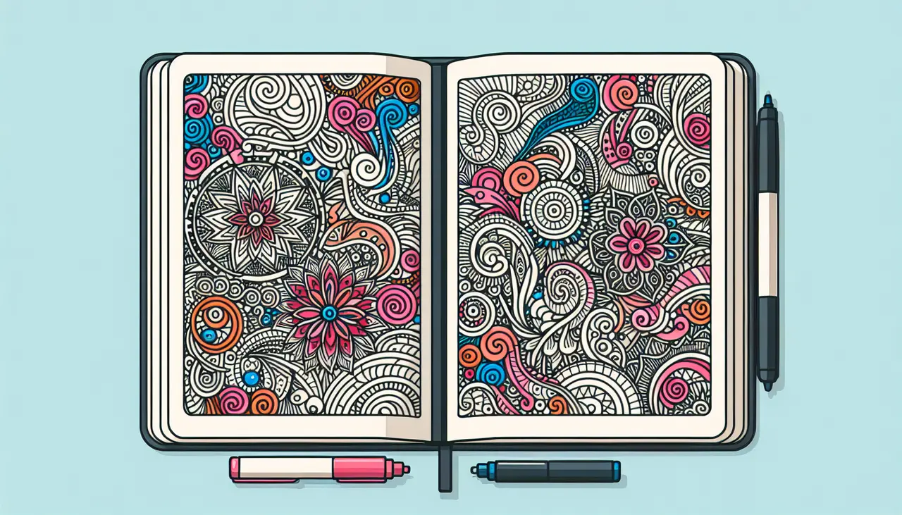 Draw a graphic in flat design style. A minimalist flat design illustration of a notebook with intricate, colorful gel pen doodle patterns like swirls, mandalas, and geometric shapes spread across its open pages.