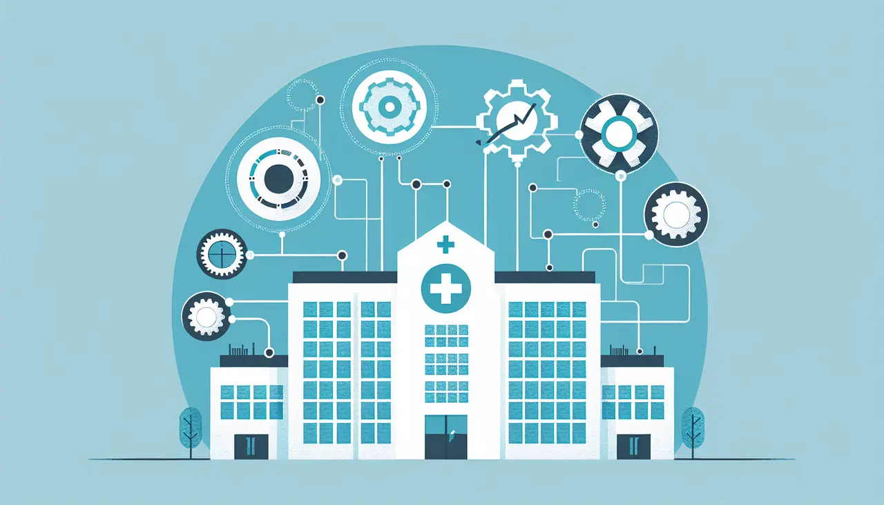 Draw a graphic in flat design style. A minimalist flat design illustration of a hospital building connected to a digital dashboard with gears symbolizing automation in managing healthcare leads.