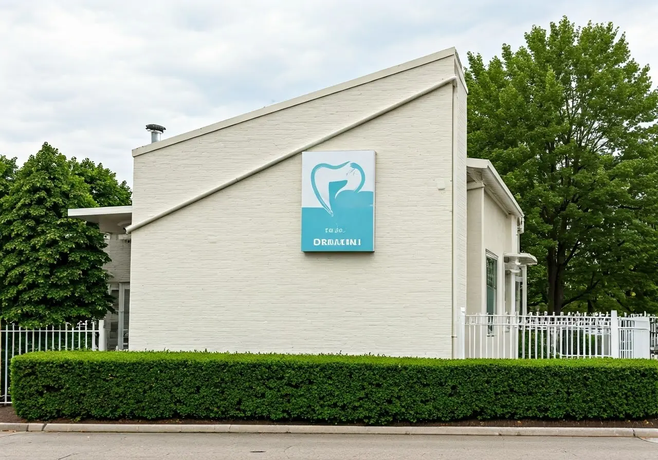 A serene dental clinic exterior with a clear sign. 35mm stock photo