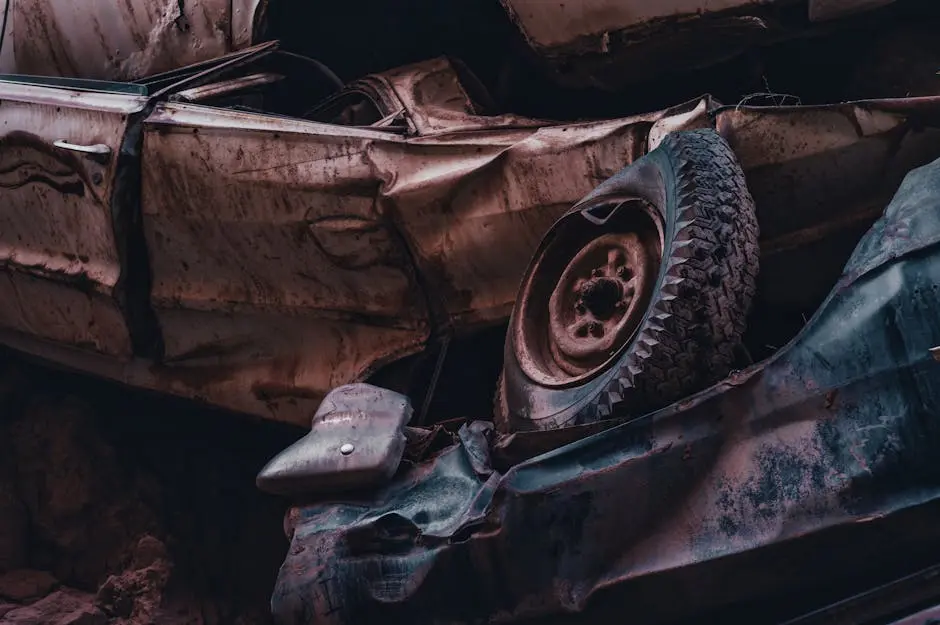 A dramatic view of stacked, rusty and abandoned cars in a junkyard, showcasing decay and abandonment.