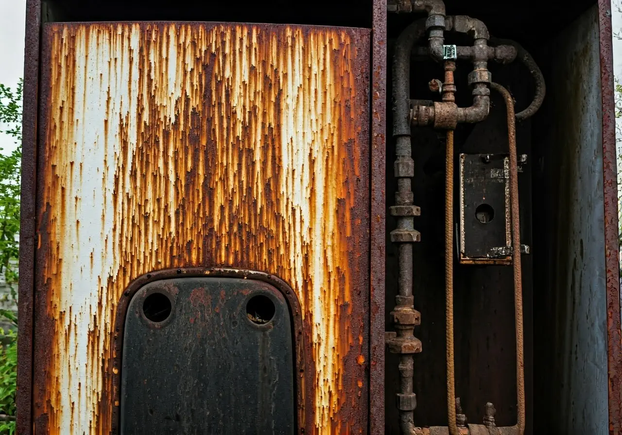 A worn-out boiler with visible rust and leakage. 35mm stock photo