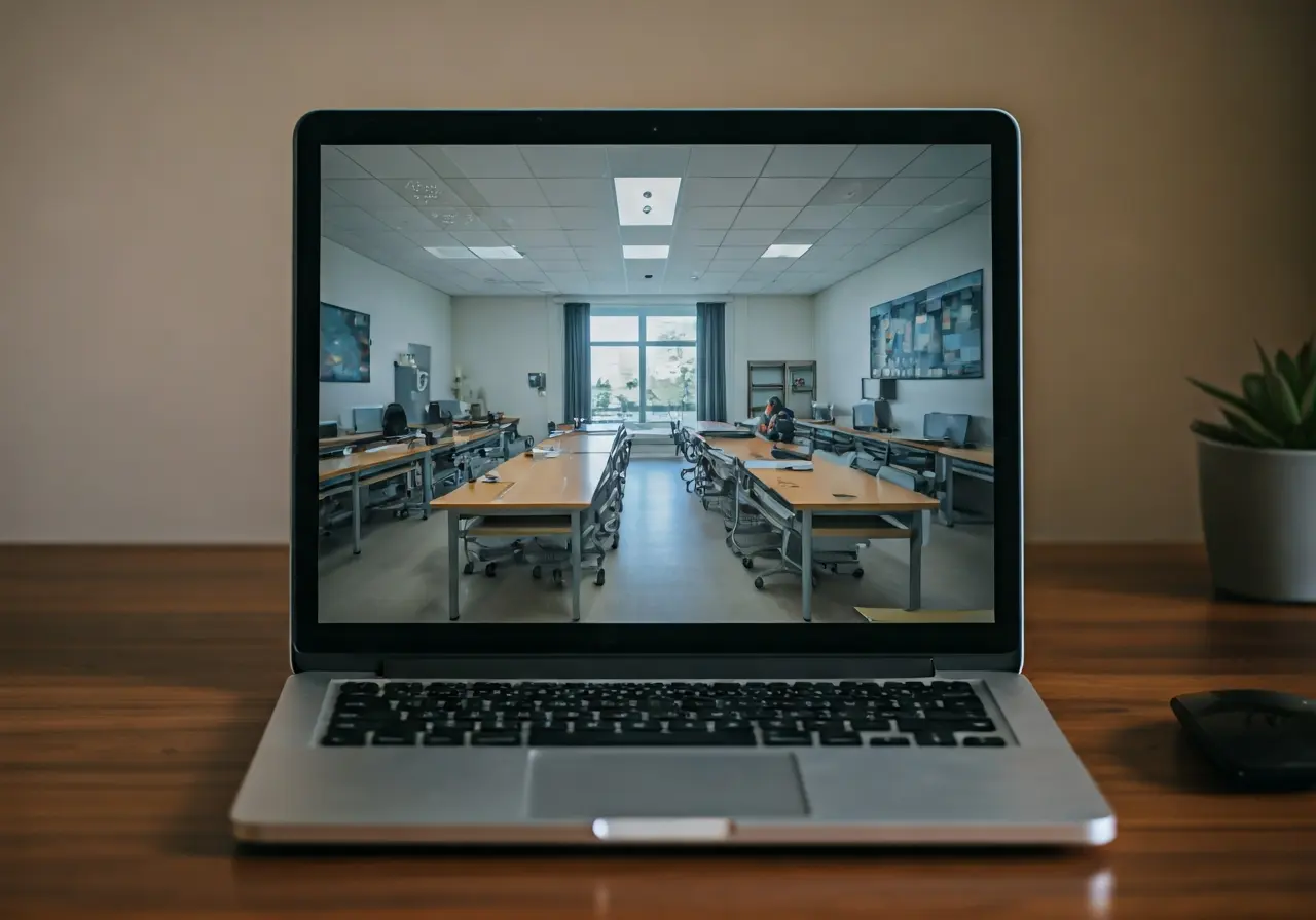 A laptop displaying a virtual classroom on a cozy desk. 35mm stock photo