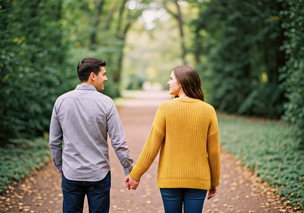 A couple holding hands while walking in a peaceful park. 35mm stock photo
