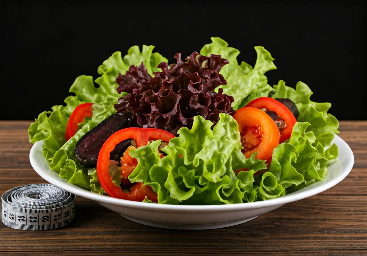 A colorful salad with fresh vegetables and a measuring tape. 35mm stock photo