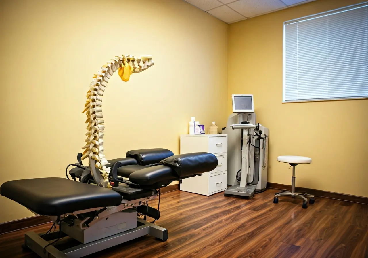 A serene therapy room featuring a spinal decompression machine. 35mm stock photo