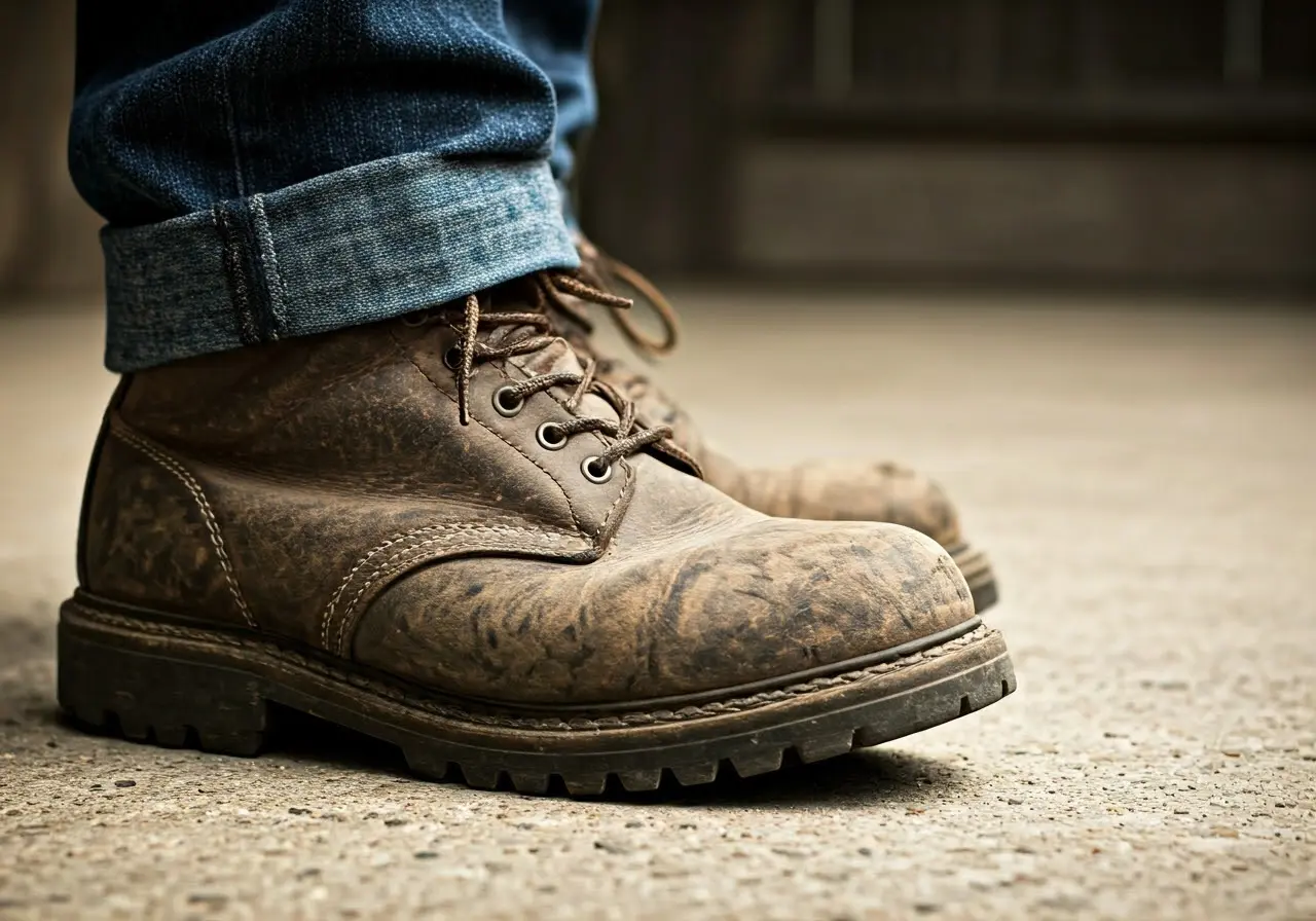 A close-up of rugged, well-worn work boots on concrete. 35mm stock photo