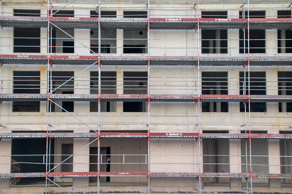 Scaffolding structure on a building construction site in Hamburg, Germany.