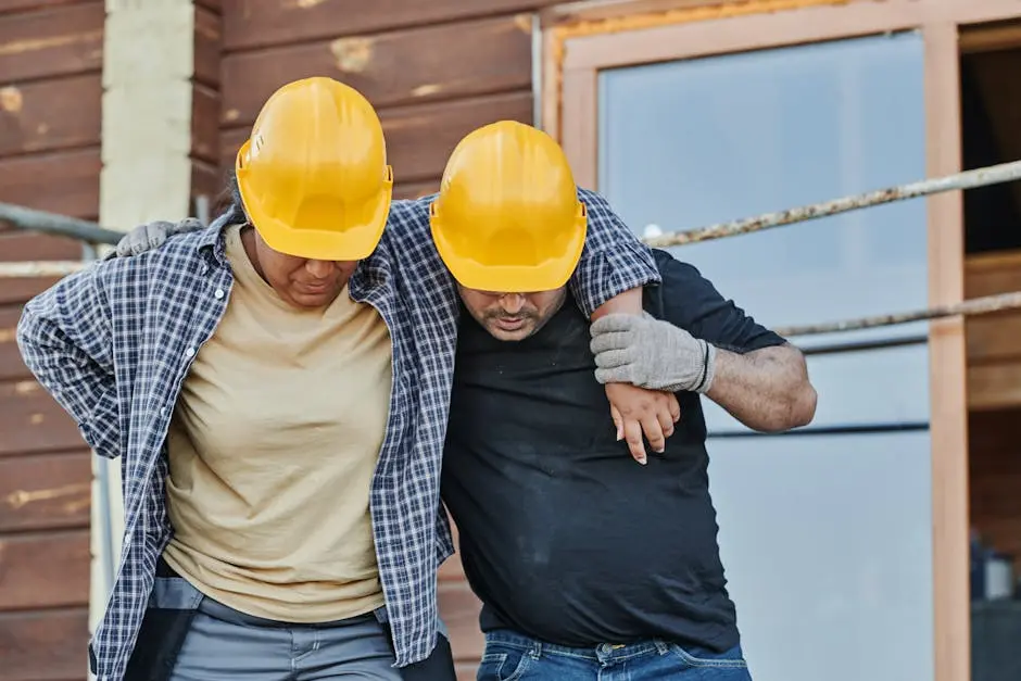 Two construction workers in hard hats assisting each other at a building site, highlighting teamwork.