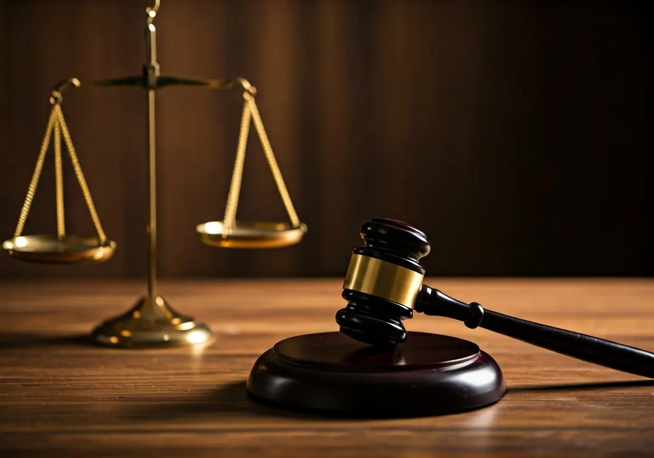 A gavel and scales on a wooden courtroom table. 35mm stock photo