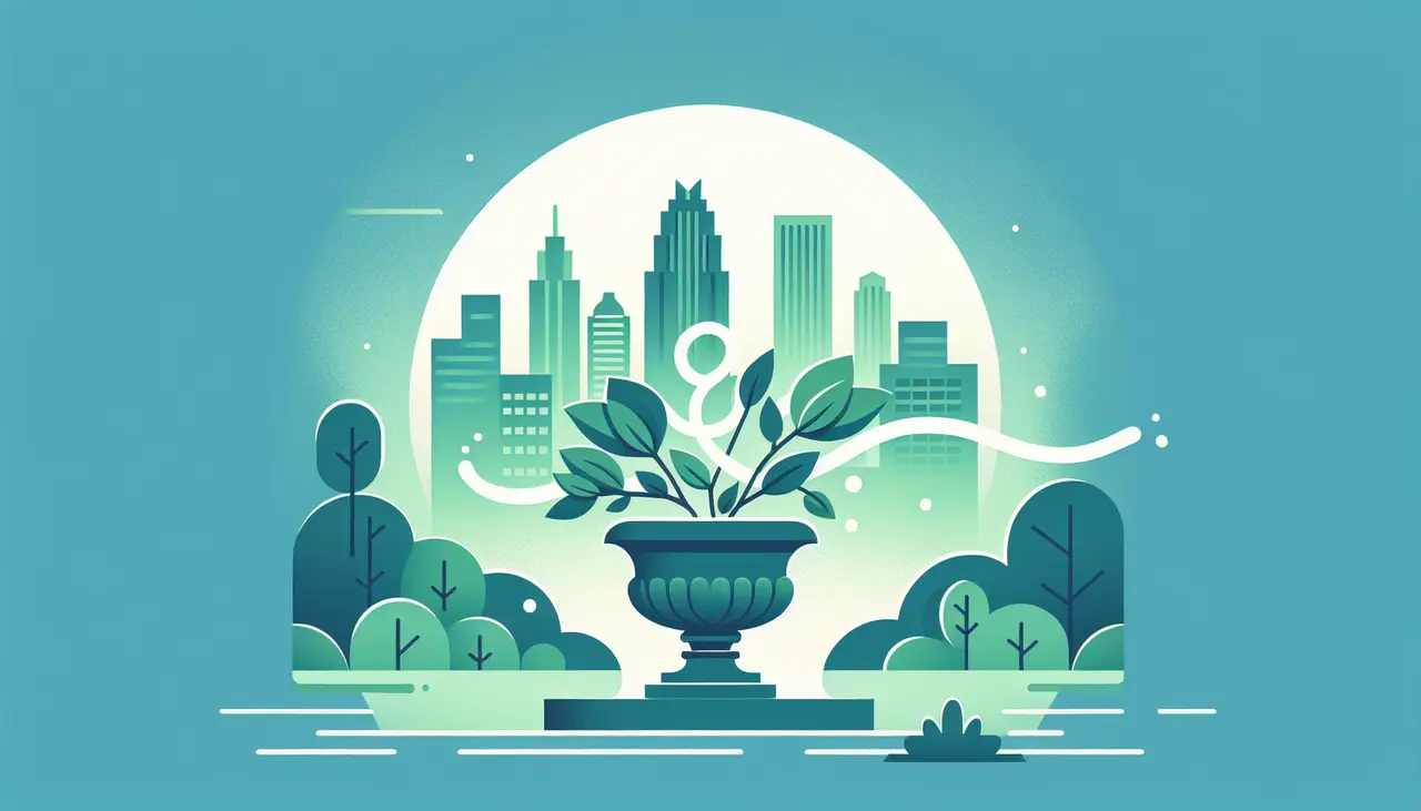Draw a graphic in flat design style. A serene illustration of a leafy green Austin skyline with a stylized urn and a soft, glowing aura around it, set against a simple, calming blue background.