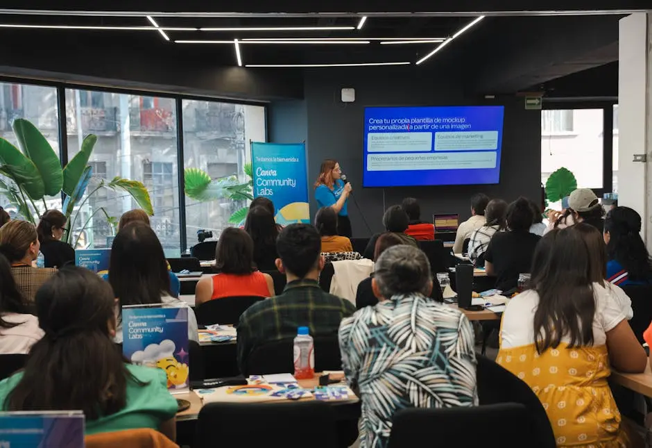 A diverse sales training attending an interactive business presentation in a modern indoor setting.