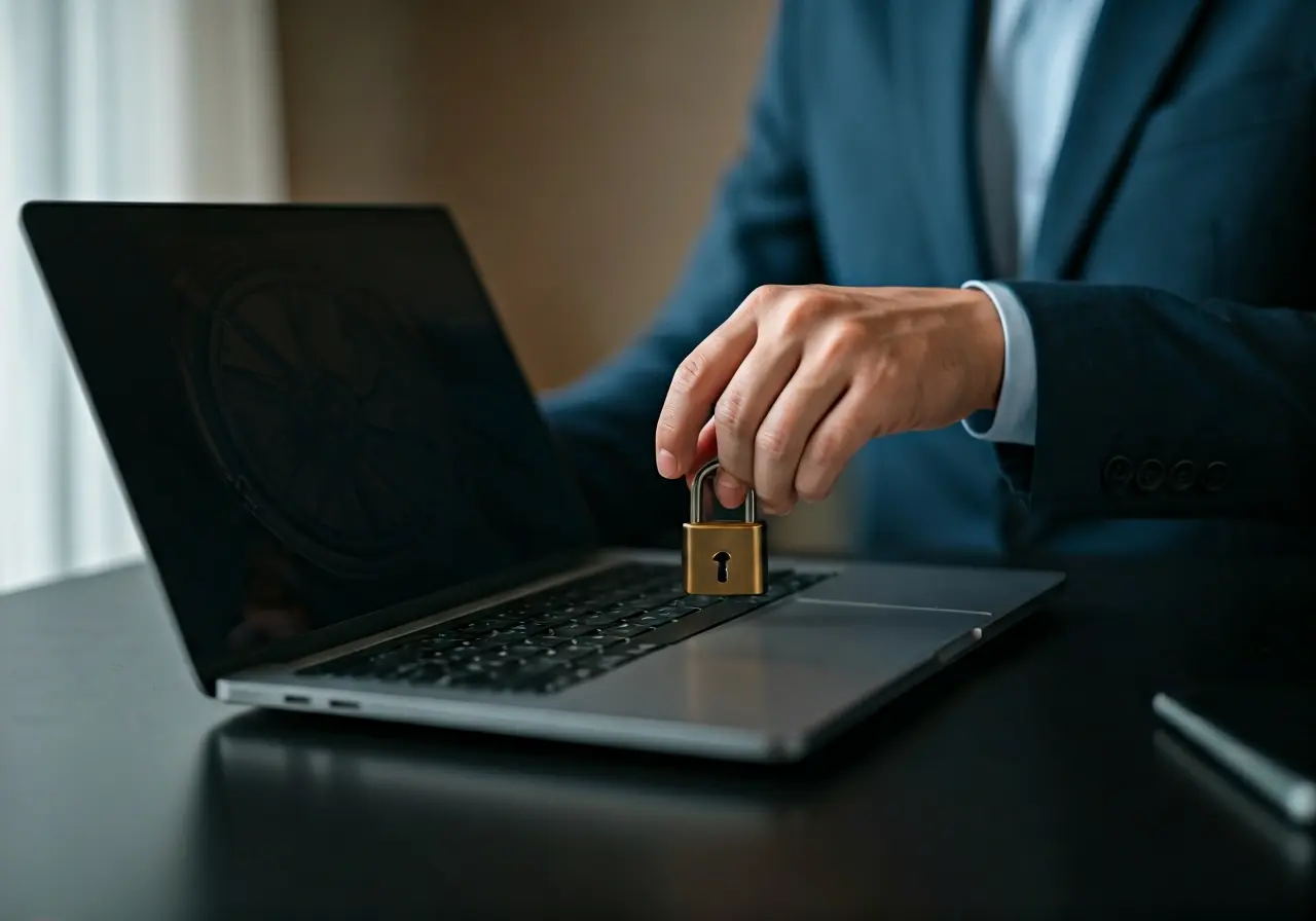 A small business owner locking a digital vault on a laptop. 35mm stock photo