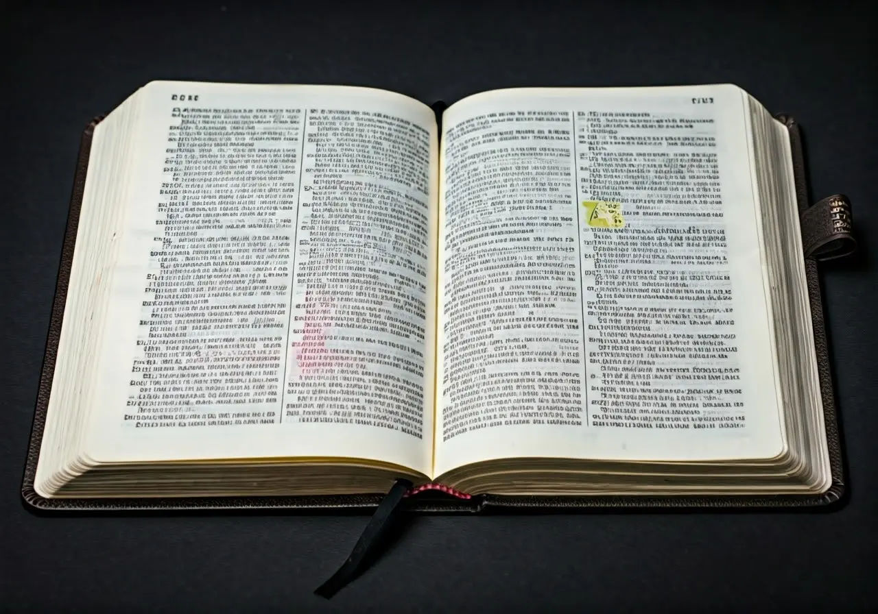 A Bible open to highlighted and marked verses. 35mm stock photo