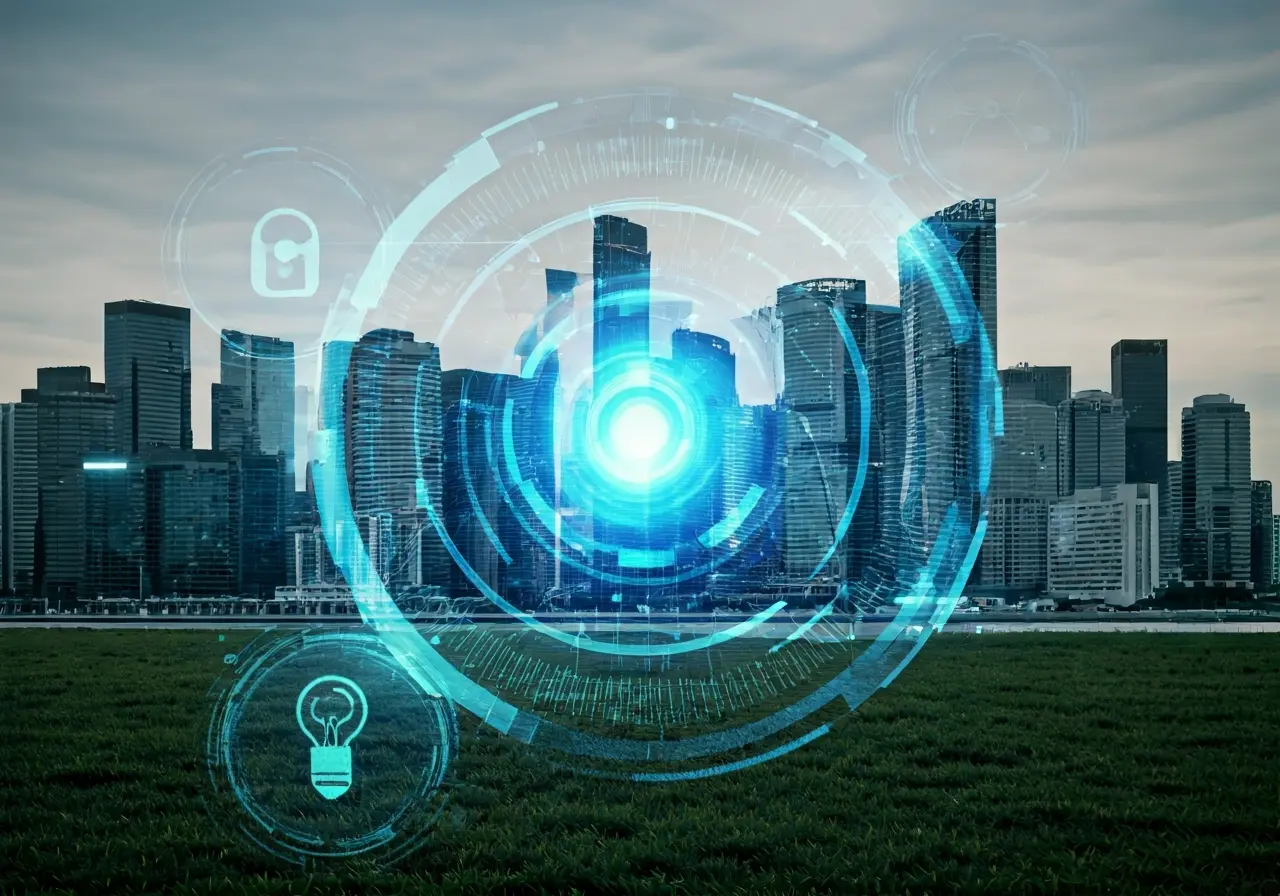 A modern office skyline with tech-themed digital icons overlay. 35mm stock photo