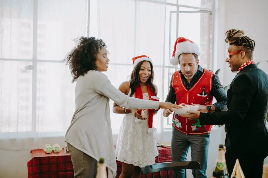 Colleagues exchange gifts at a joyful office Christmas party.