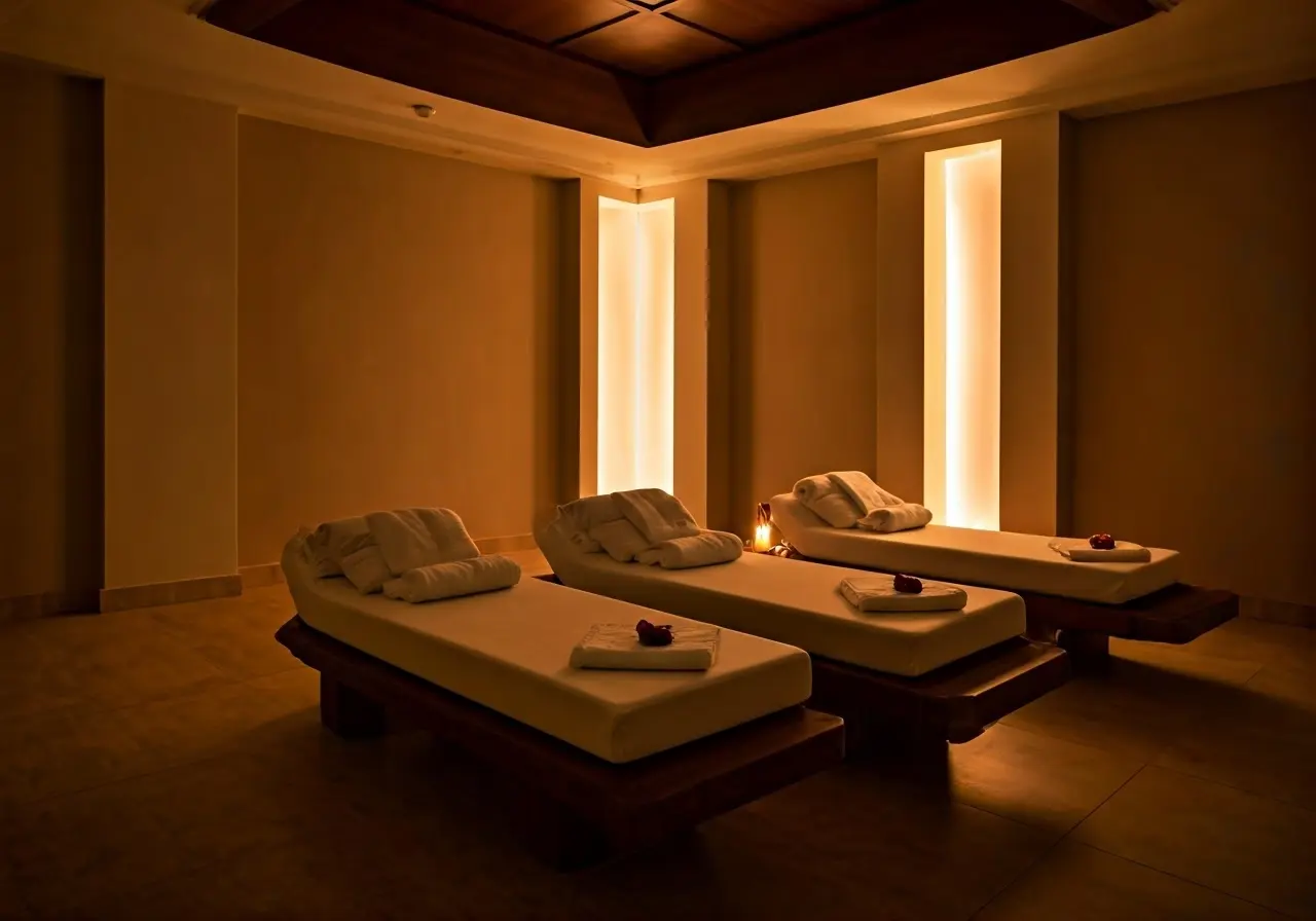 A serene spa room with ambient lighting and elegant decor. 35mm stock photo