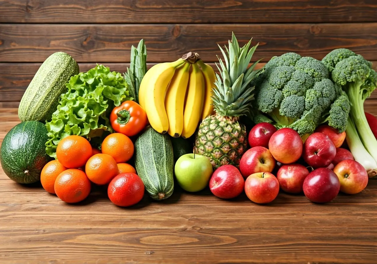 A colorful assortment of fresh fruits and vegetables on display. 35mm stock photo