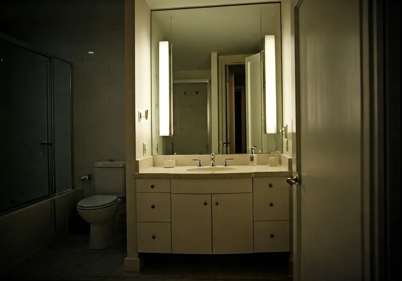 A modern, luxurious renovated bathroom with elegant fixtures in Mississauga. 35mm stock photo