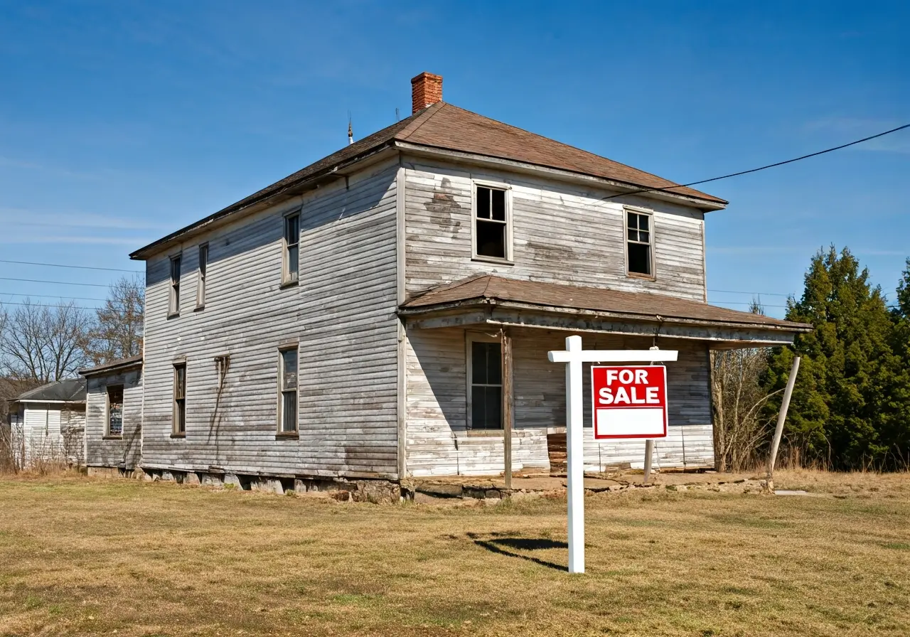 A dilapidated house with a For Sale sign outside. 35mm stock photo