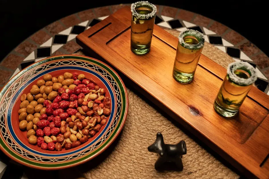 Colorful nuts and tequila shots on a traditional Mexican table setting.