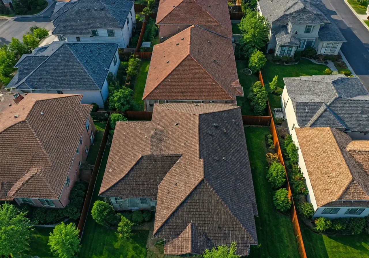 Aerial view of diverse roofing materials on suburban homes. 35mm stock photo