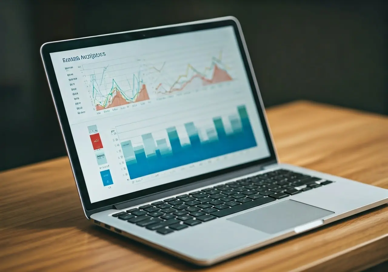A laptop displaying detailed analytics graphs on a wooden desk. 35mm stock photo