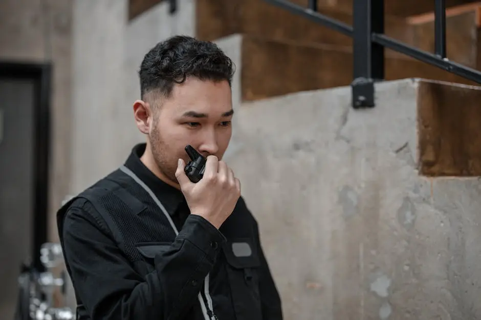 Asian security guard using walkie talkie in an indoor setting, demonstrating communication and alertness.